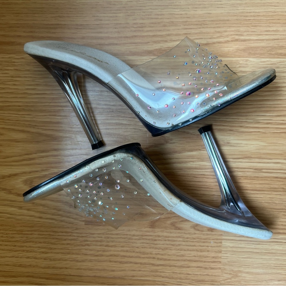 Clear Y2K Crystal-Embellished Mule Heels - Women